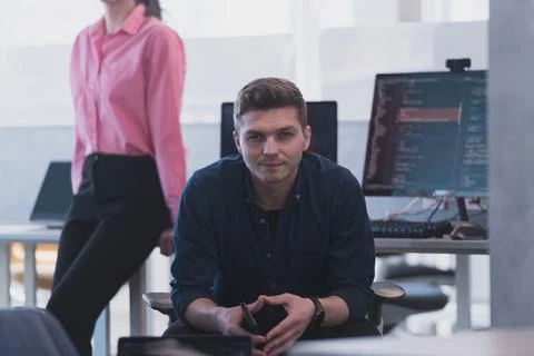 Programming. Man Working On Computer In IT Office, Sitting At Desk Writing Codes Stockfoto's