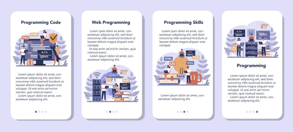 Programming mobile application banner set. Idea of working Stock Illustration