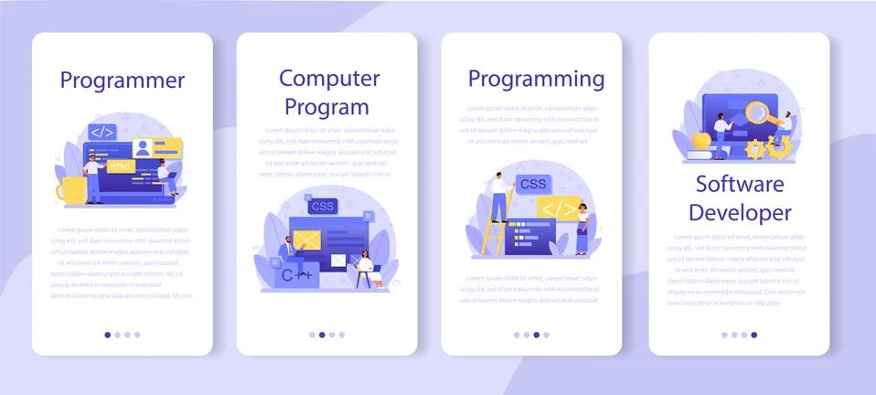 Programming mobile application banner set. Idea of working Illustrazione stock