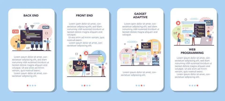 Programming mobile application banner set. Idea of working on the computer, Stock Illustration