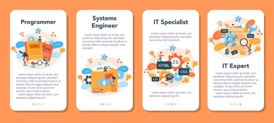 Programming mobile application banner set. Idea of working 스톡 일러스트