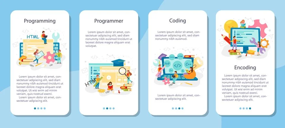 Programming mobile application banner set. IT education Stock Illustration