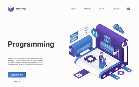 Programming modern technology isometric landing page, programmer working with 스톡 일러스트