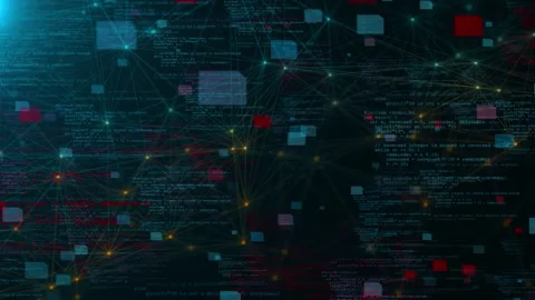 Programming network data visual with floating code layers, colored blocks, and c Stock Footage 340549832