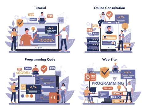 Programming online service or platform set. Coding, testing Stock-Illustration