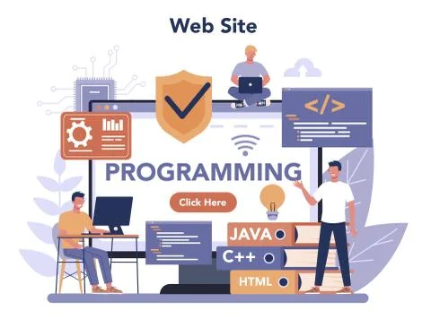 Programming online service or platform. Coding, testing and writing Illustrazione stock