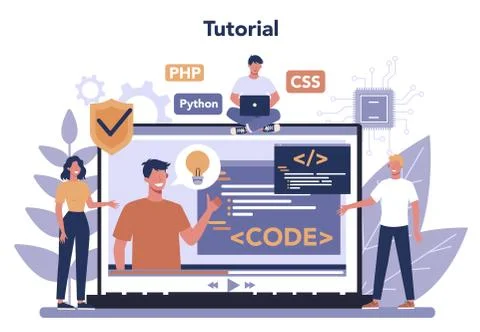 Programming online service or platform. Coding, testing and writing Stock Illustration