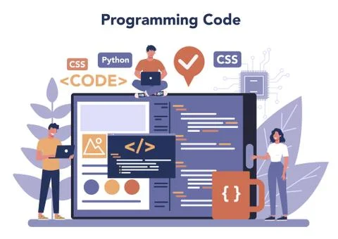 Programming online service or platform. Coding, testing and writing Stock Illustration