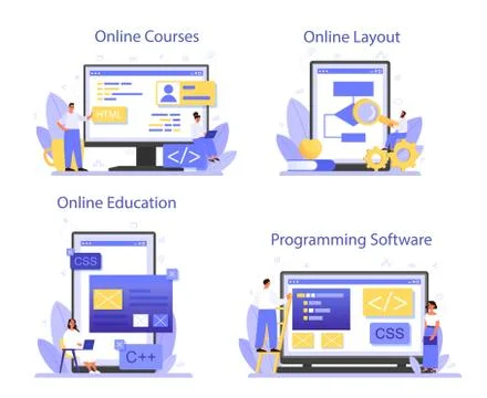 Programming online service or platform set. Idea of working on the computer Illustrazione stock