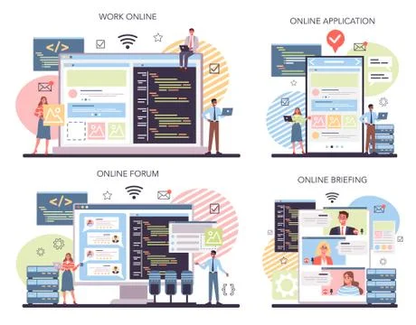 Programming online service or platform set. Idea of working Illustration
