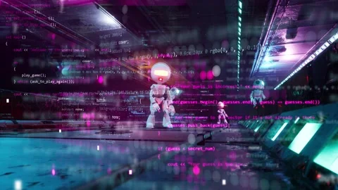 Programming party with dancing humanoid robot characters in cyberpunk Stock Footage 290466210