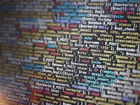 Programming PHP on laptop computer screen. Program code PHP HTML CSS of site. Stock Photos