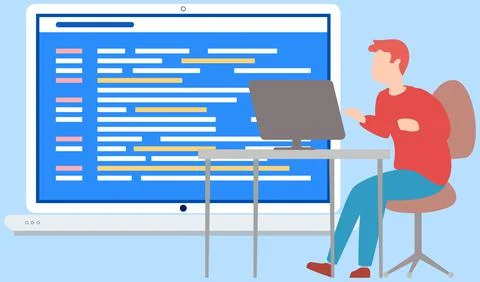 Programming process of creating computer programs, coding, programmer at work Illustrazione stock