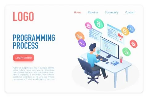 Programming process landing page isometric vector template 스톡 일러스트