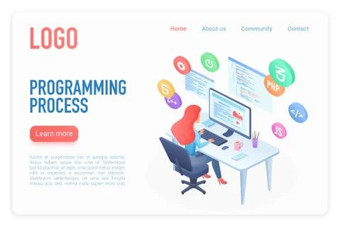 Programming process landing page isometric vector template Stock Illustration