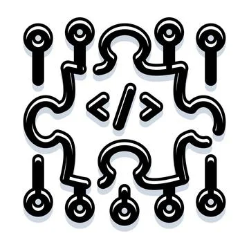 Programming puzzle circuit connecting software development elements Ilustración de archivo