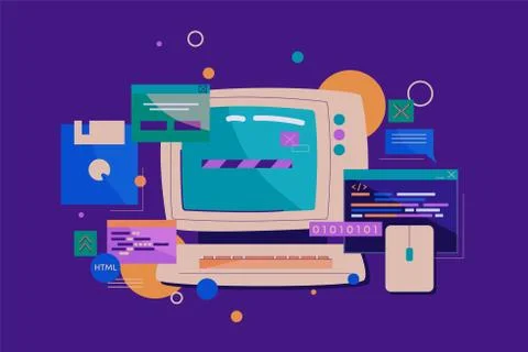 Programming on retro computer. Old pc with convex monitor wheel mouse creating Illustrazione stock