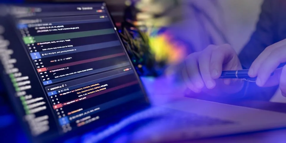 Programming review meeting with visible code screen 库存照片