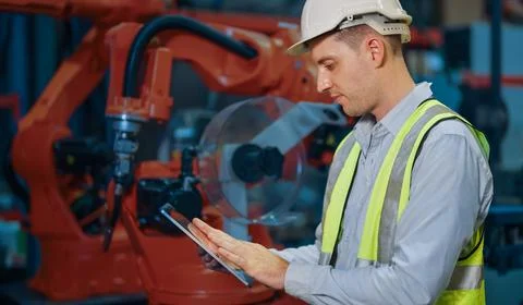 Programming robot controller, Programming robotic arms in factory industrial Foto stock