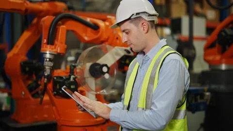 Programming robot controller, Programming robotic arms in factory industrial Foto stock
