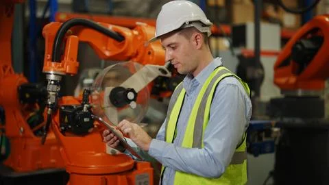 Programming robot controller, Programming robotic arms in factory industrial Foto stock