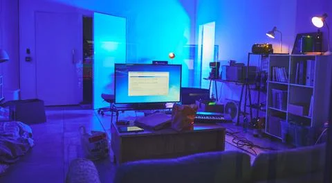 Programming room, information technology or tv in house for software, hacking or 스톡 사진