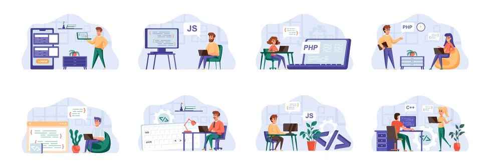 Programming scenes bundle with people characters. Stock Illustration