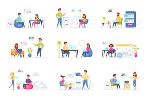Programming scenes bundle with people Stock Illustration