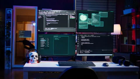 Programming scripts shown on PC displays in empty hideout used by cybercriminals Stock Footage 275862179
