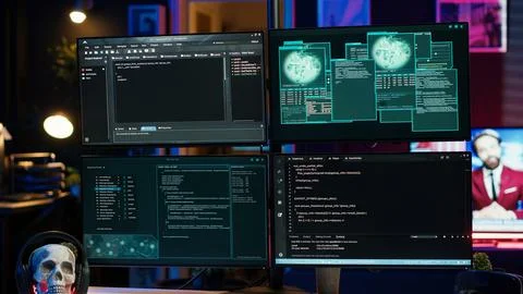 Programming scripts shown on PC displays in empty hideout used by cybercriminals Stock Photos