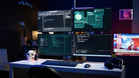 Programming scripts shown on PC displays in empty hideout used by cybercriminals Stock Photos