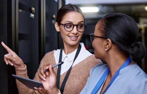 Programming, server and people with maintenance of technology and IT technician Stock Photos