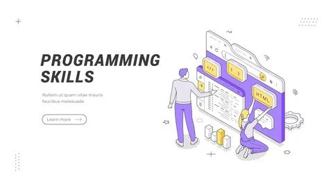 Programming Skills banner template. An isometric vector illustration shows de Stock Illustration