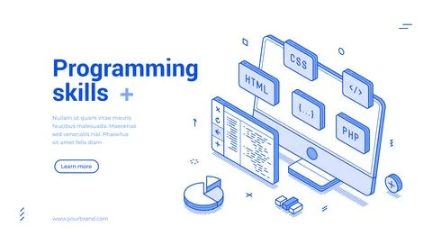 Programming skills computer software development isometric web banner monochr 스톡 일러스트