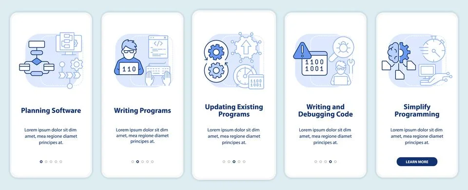Programming skills light blue onboarding mobile app screen Stock Illustration