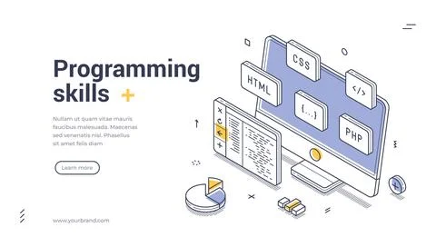 Programming skills modern isometric line art web banner template Stock Illustration