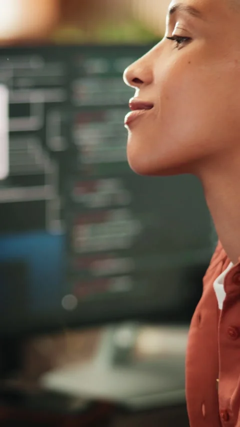 Programming, smile and woman with computer in office, problem solving or Stock Footage 342234949