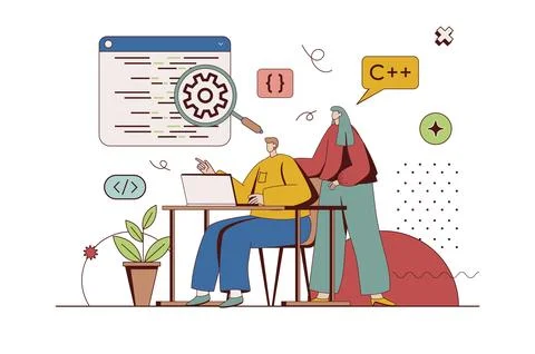 Programming software concept with character situation in flat design. Man and Stock Illustration