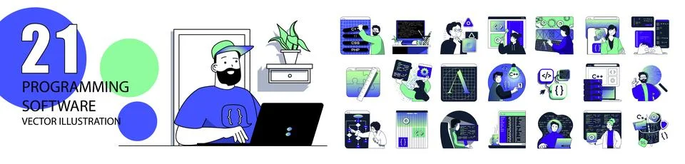 Programming software concept with character situations collection. Bundle of  Stock Illustration