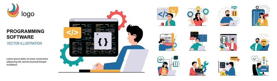 Programming software concept with character situations collection. Bundle of  Stock Illustration