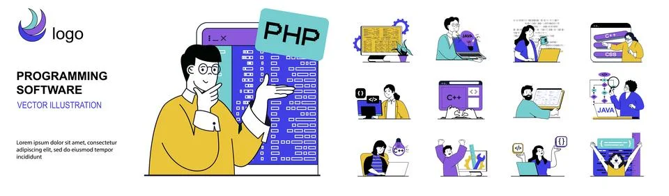 Programming software concept with character situations mega set in flat web d Stock Illustration