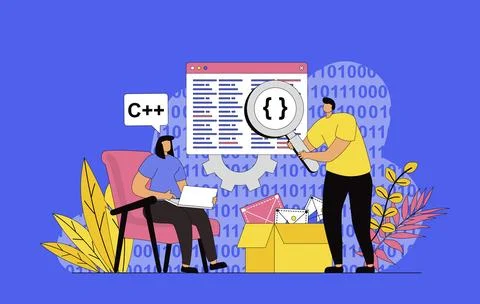 Programming software concept with modern flat design for web. Developers wo.. Stock Illustration