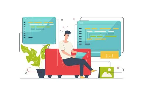 Programming software concept with people scene in flat cartoon design. Man de Stock Illustration