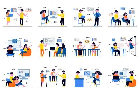 Programming software concept with tiny people scenes set in flat design. Bundle Stock Illustration