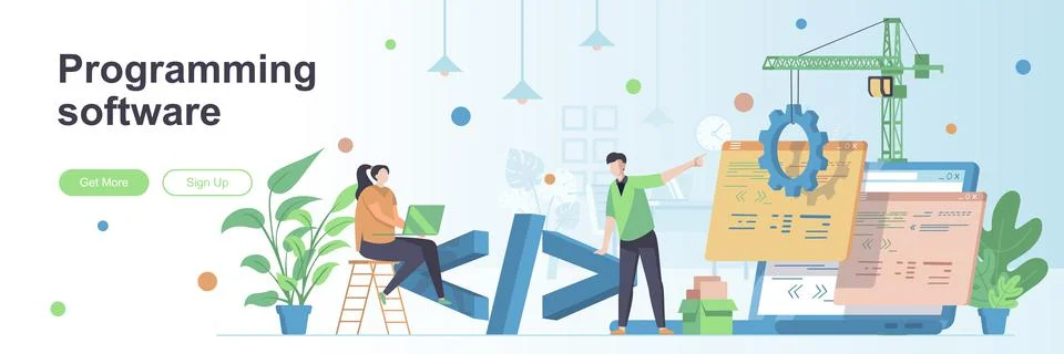 Programming software landing page with people characters. Programs developmen Illustrazione stock