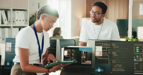 Programming, tablet and people in meeting on tech for coding ai, algorithm and Stock Footage 330063199