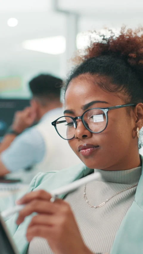 Programming, tablet and woman with glasses, office and coder with stylus for Stock Footage 306823964