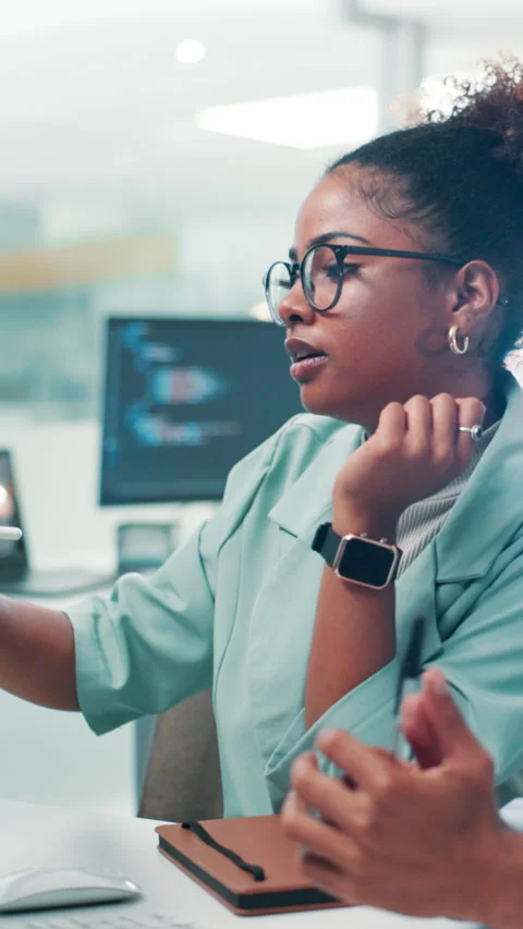 Programming, talking and team with tech, office and coder with stylus for Stock Footage 306824732