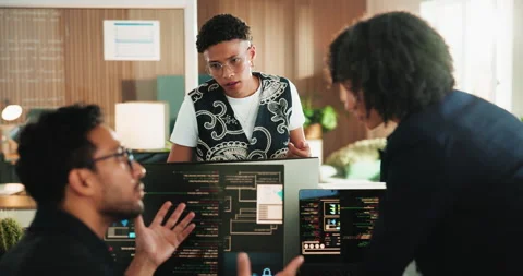 Programming, team and people in meeting with computer for coding ai, algorithm Stock Footage 330063322