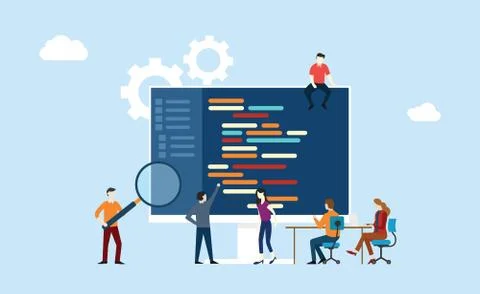 Programming team development working together on the office writing code prog Stock Illustration